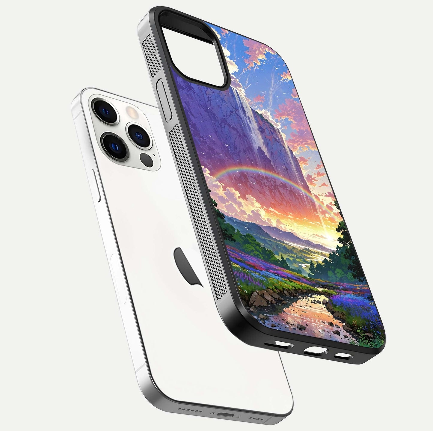 Rainbow Valley Dream Glass Case for iPhone 16 Pro floating dual-view mockup showing gloss texture and dream vibe