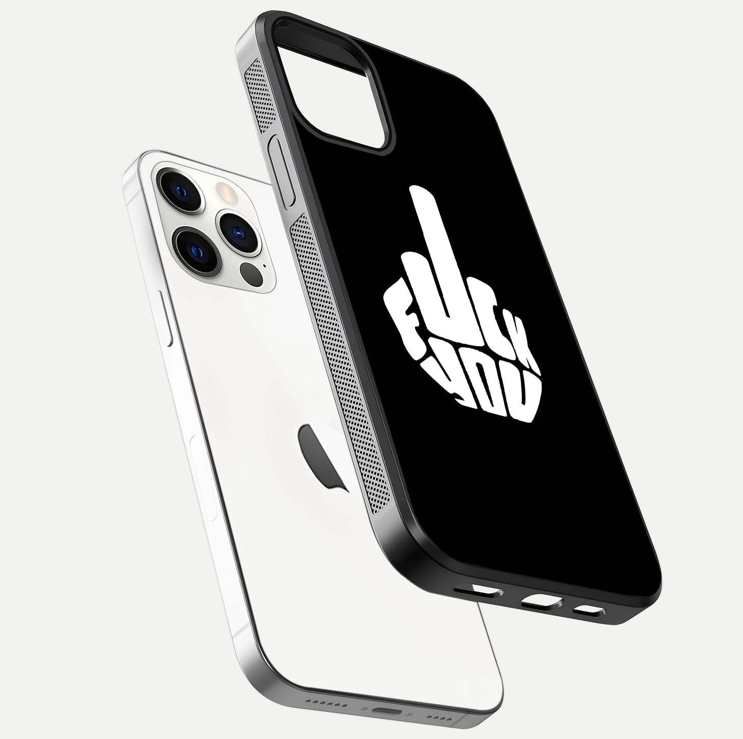 Rebel Mode On Glass Case for iPhone 12 Pro floating dual-view mockup displaying gloss shine and statement art