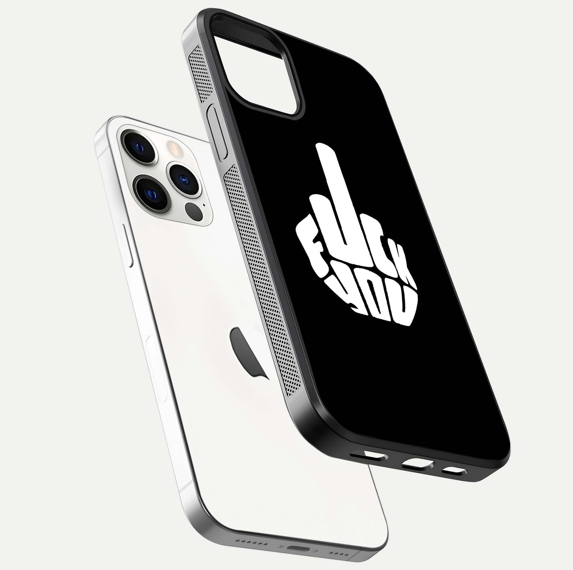 Rebel Mode On Glass Case for iPhone 12 Pro floating dual-view mockup displaying gloss shine and statement art