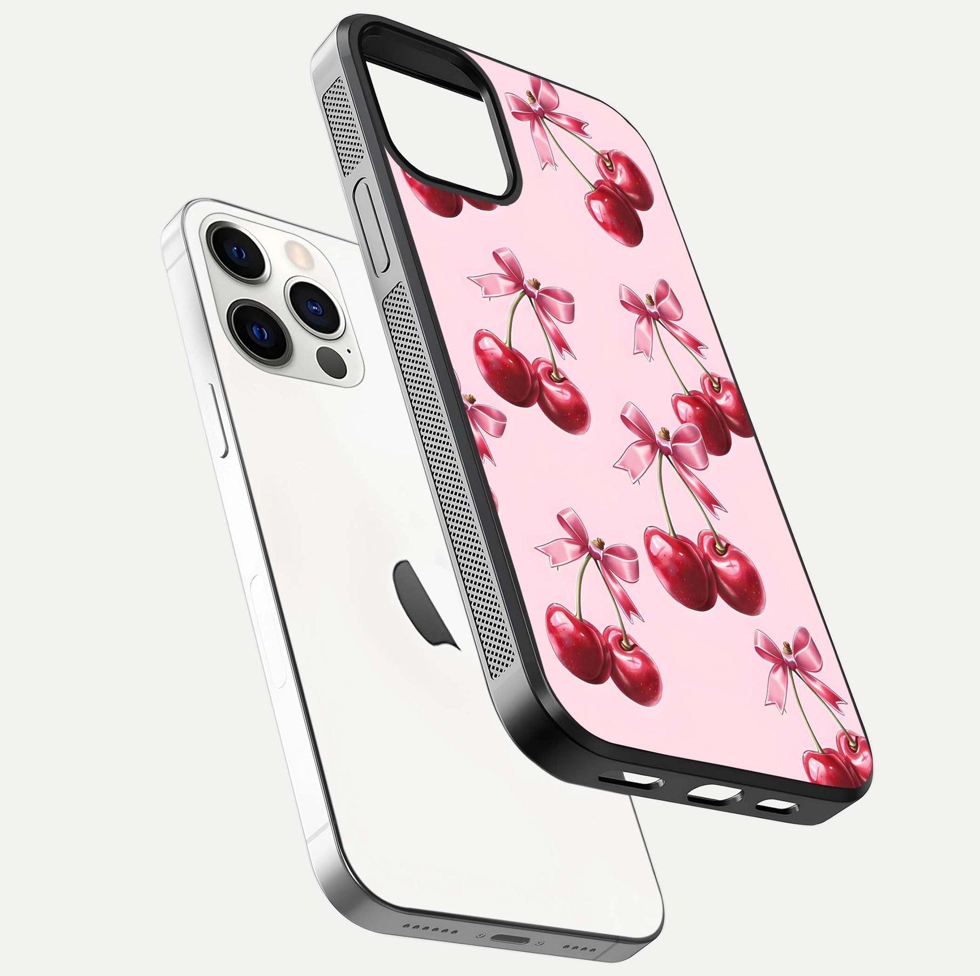 Red Cherries Pattern Glass Case for iPhone 12 Pro floating dual-view mockup showing gloss and color contrast