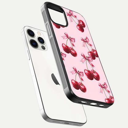 Red Cherries Pattern Glass Case for iPhone 12 Pro floating dual-view mockup showing gloss and color contrast