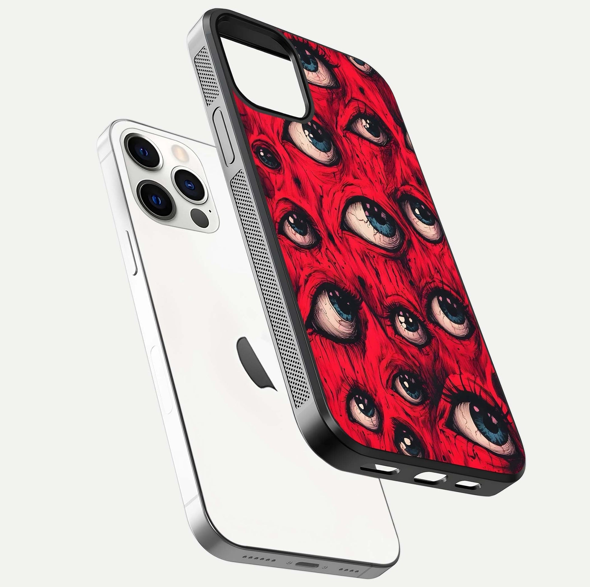 Red Eyes Pattern Glass Case for iPhone 12 Pro floating dual-view mockup displaying reflection and gloss texture