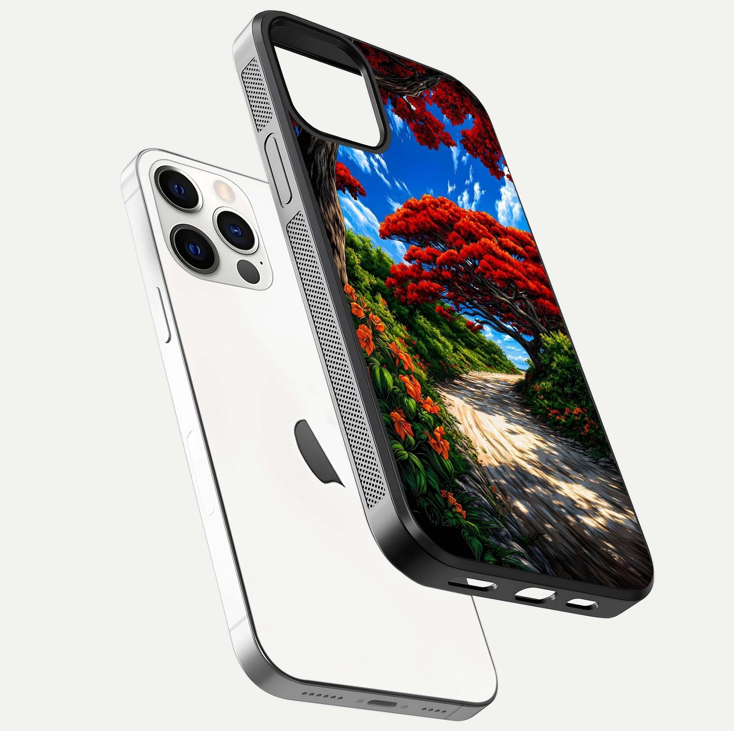 Red Trees Pathway Glass Case for iPhone 12 Pro floating dual-view mockup displaying gloss texture and print depth