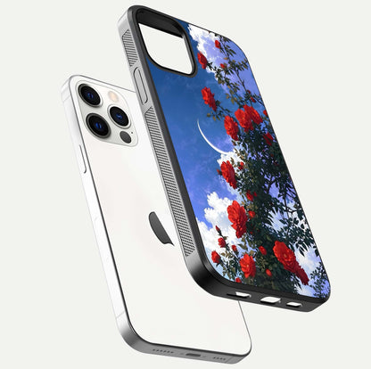 Rose Drift Flowers Glass Case for iPhone 12 Pro floating dual-view mockup showing gloss shine and floral tone