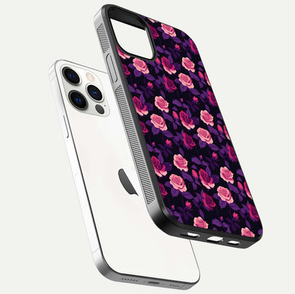 Rose Garden Twilight Glass Case for iPhone 12 Pro floating dual-view mockup displaying gloss surface and depth