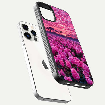 Rose Sunset Valley Glass Case for iPhone 12 Pro floating dual-view mockup showing gloss reflection and art depth