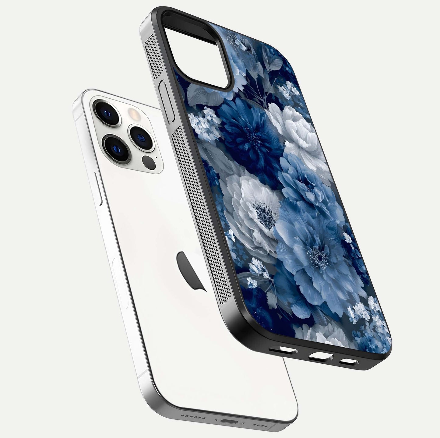 Royal Bloom Garden Glass Case for iPhone 12 Pro floating dual-view mockup displaying gloss and print clarity