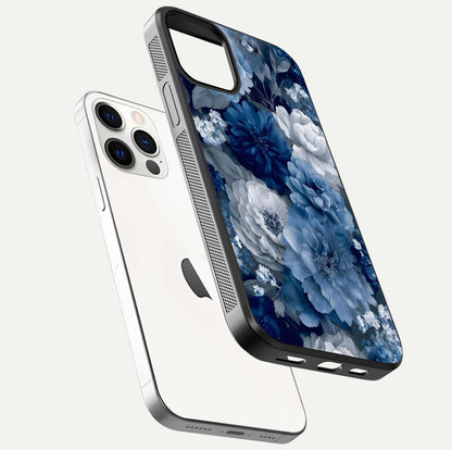 Royal Bloom Garden Glass Case for iPhone 12 Pro floating dual-view mockup displaying gloss and print clarity