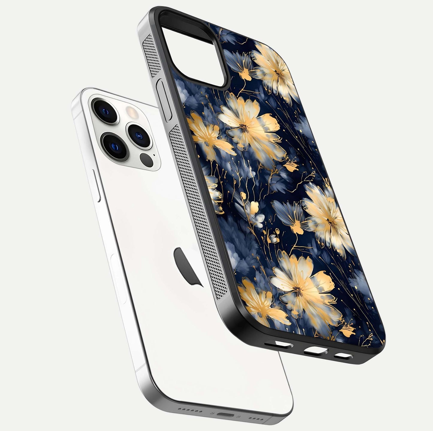 Royal Petal Dream Glass Case for iPhone 12 Pro floating dual-view mockup displaying gloss reflection and tone contrast