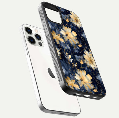 Royal Petal Dream Glass Case for iPhone 12 Pro floating dual-view mockup displaying gloss reflection and tone contrast