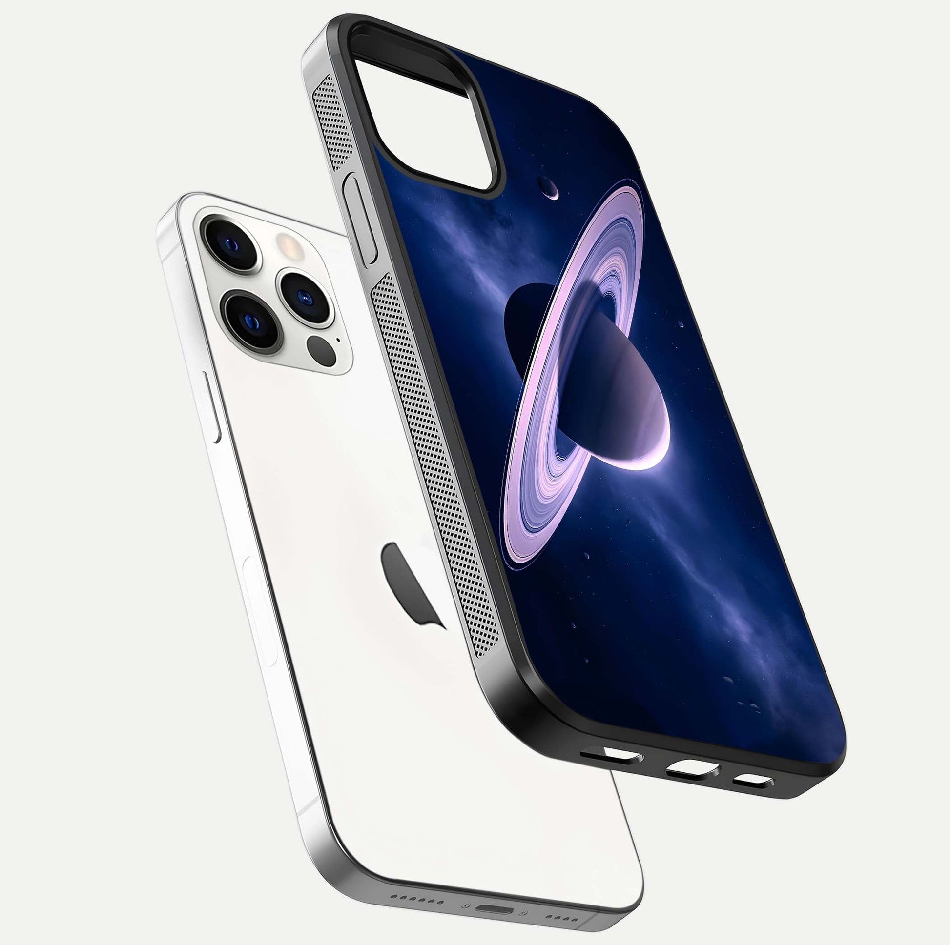 Saturn Ring Mystique Glass Case for iPhone 12 Pro floating dual-view mockup showing gloss finish and star detail