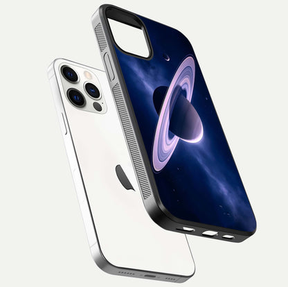 Saturn Ring Mystique Glass Case for iPhone 12 Pro floating dual-view mockup showing gloss finish and star detail