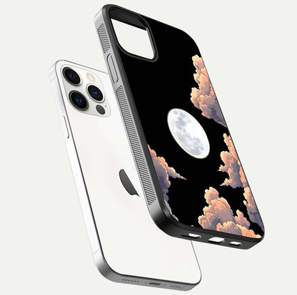 Shade Cloud Moon Glass Case for iPhone 12 Pro floating dual-view mockup showing gloss and celestial texture