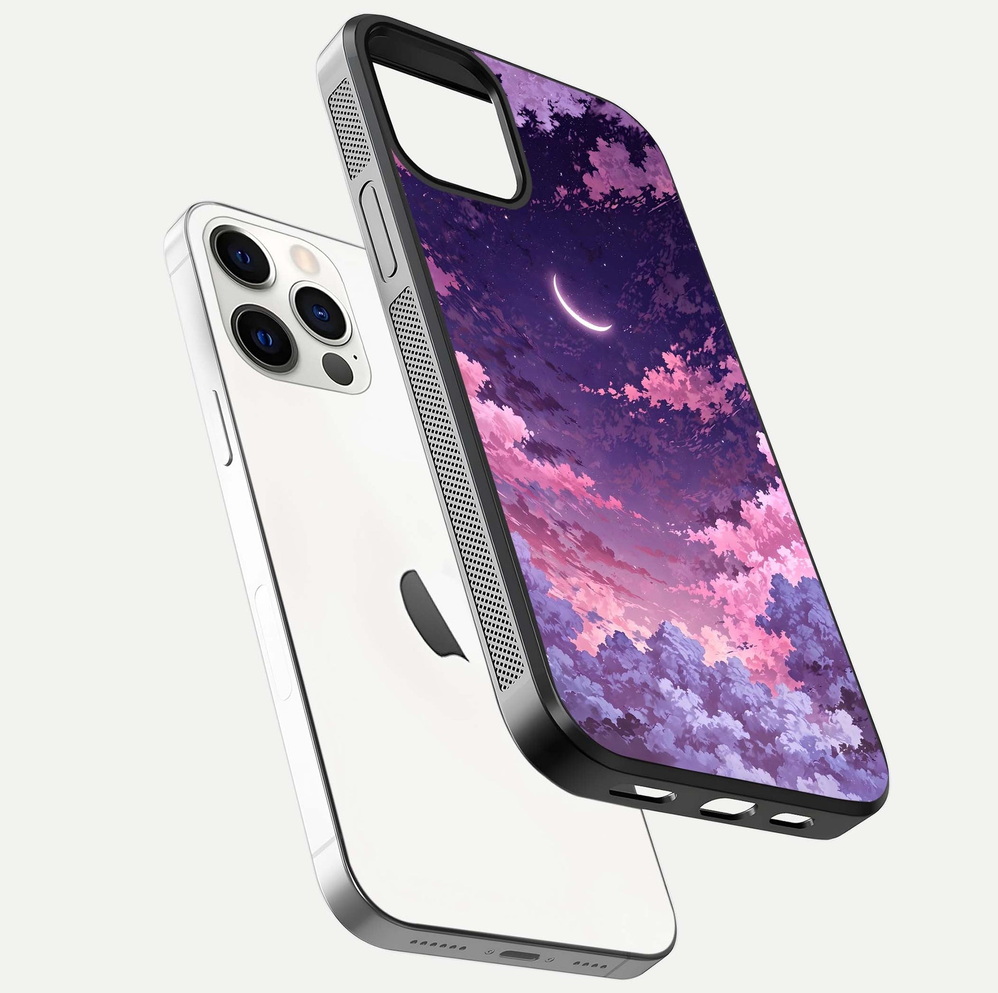 Sky Drift Clouds Glass Case for iPhone 12 Pro floating dual-view mockup displaying gloss shine and depth