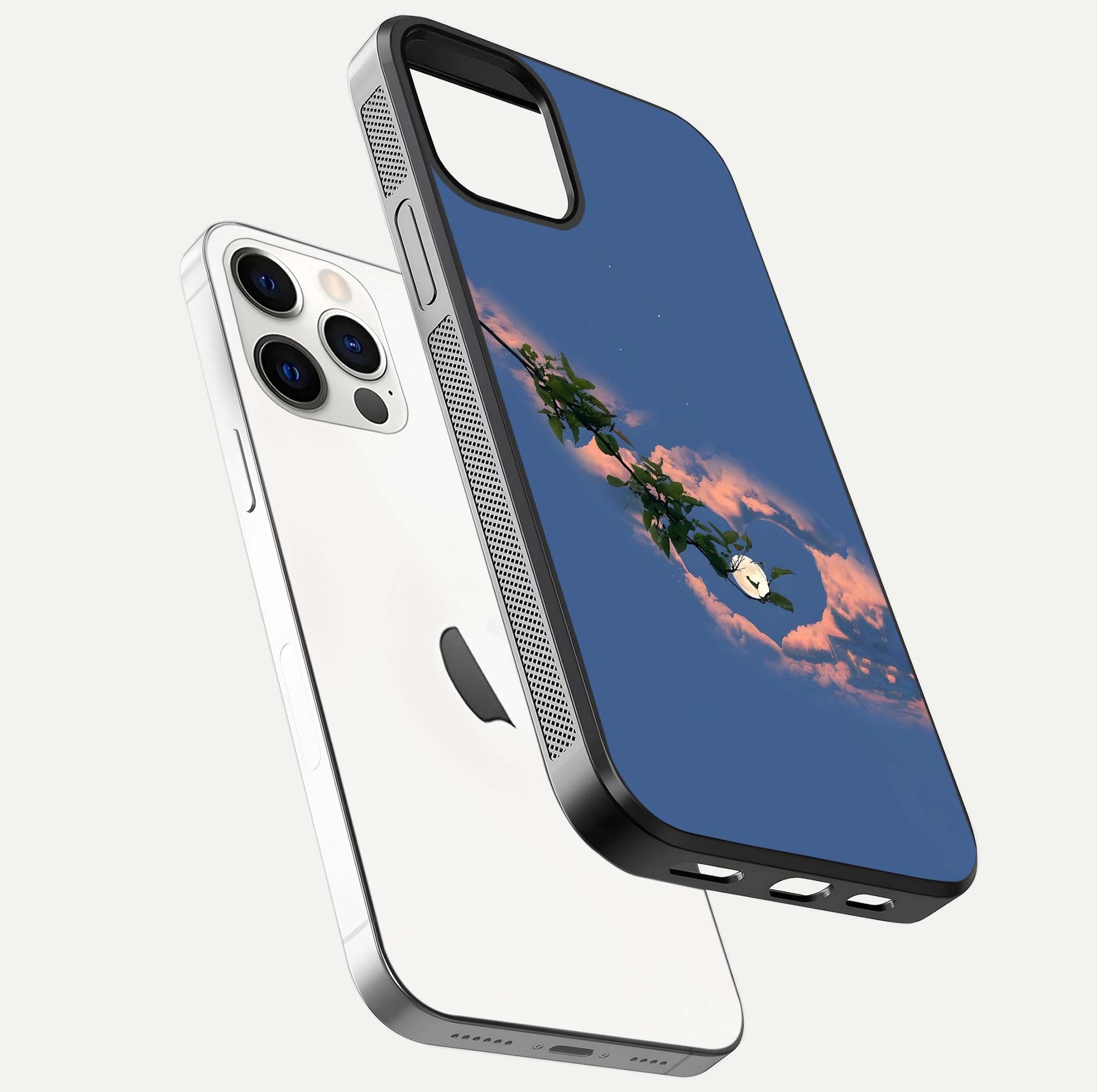 Sky Under Tree Glass Case for iPhone 12 Pro floating dual-view mockup displaying gloss reflection and landscape tone