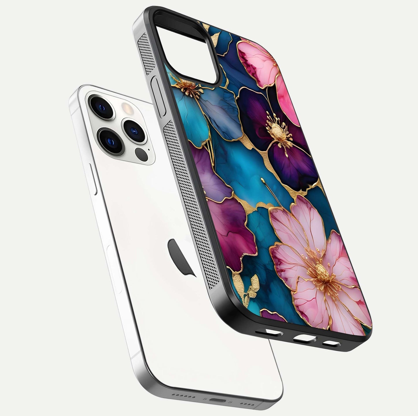 Sparkle Floral Glass Case for iPhone 12 Pro floating dual-view mockup displaying gloss surface and sparkle effect