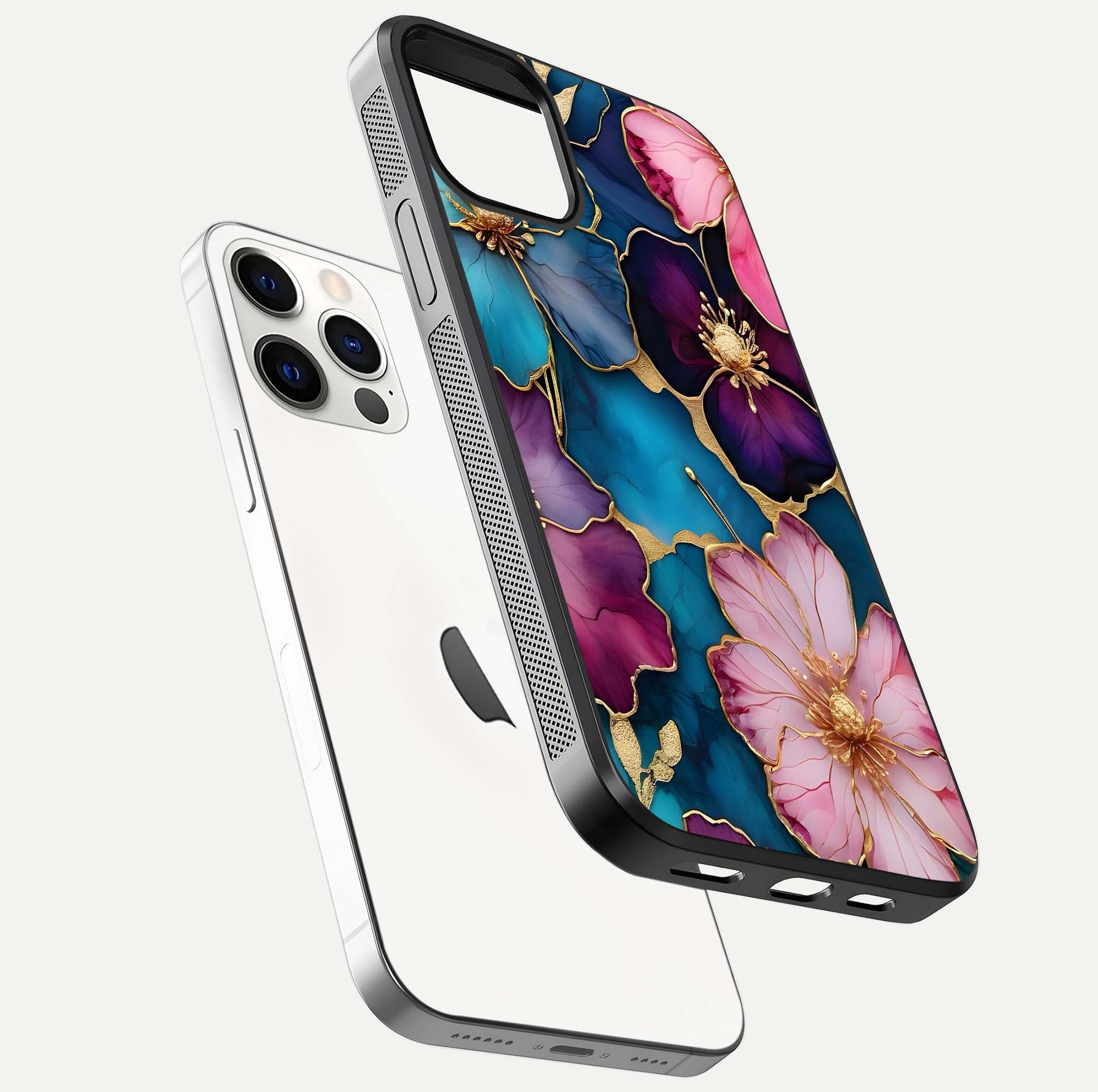 Sparkle Floral Glass Case for iPhone 12 Pro floating dual-view mockup displaying gloss surface and sparkle effect