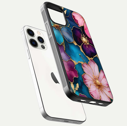 Sparkle Floral Glass Case for iPhone 12 Pro floating dual-view mockup displaying gloss surface and sparkle effect