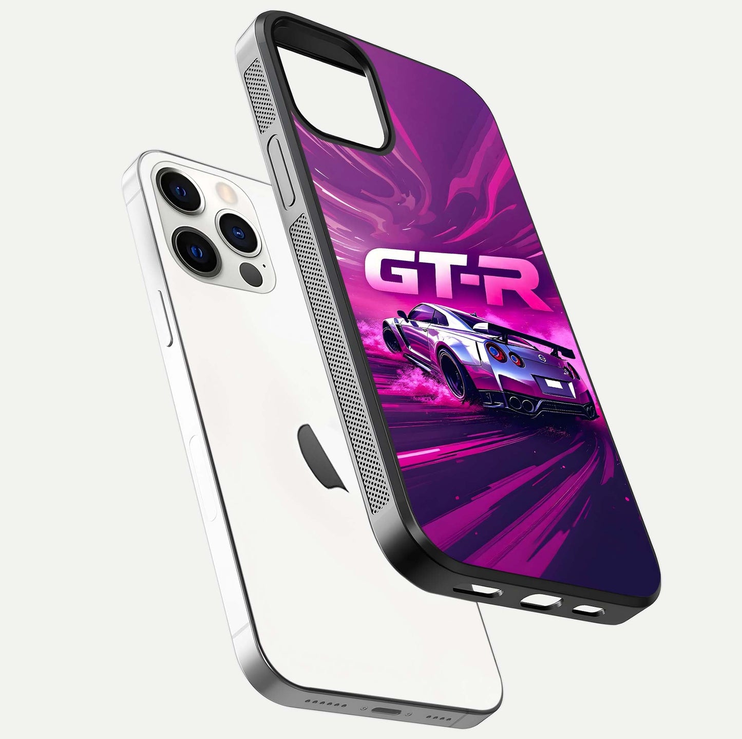 Speed Drift Legend Glass Case for iPhone 12 Pro floating dual-view mockup displaying gloss shine and motion effect