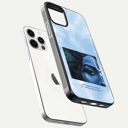 Spiritual Krishna Glass Case for iPhone 16 Pro floating dual-view mockup displaying gloss shine and divine detail