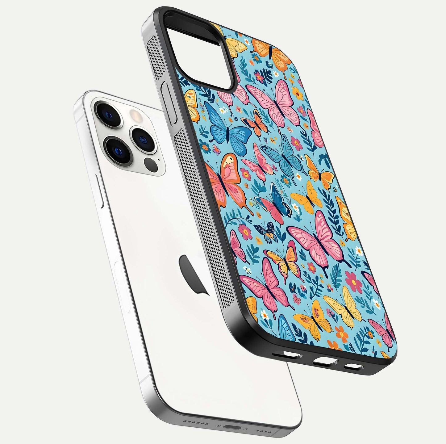 Spring Wing Garden Glass Case for iPhone 12 Pro floating dual-view mockup showing gloss texture and vivid print