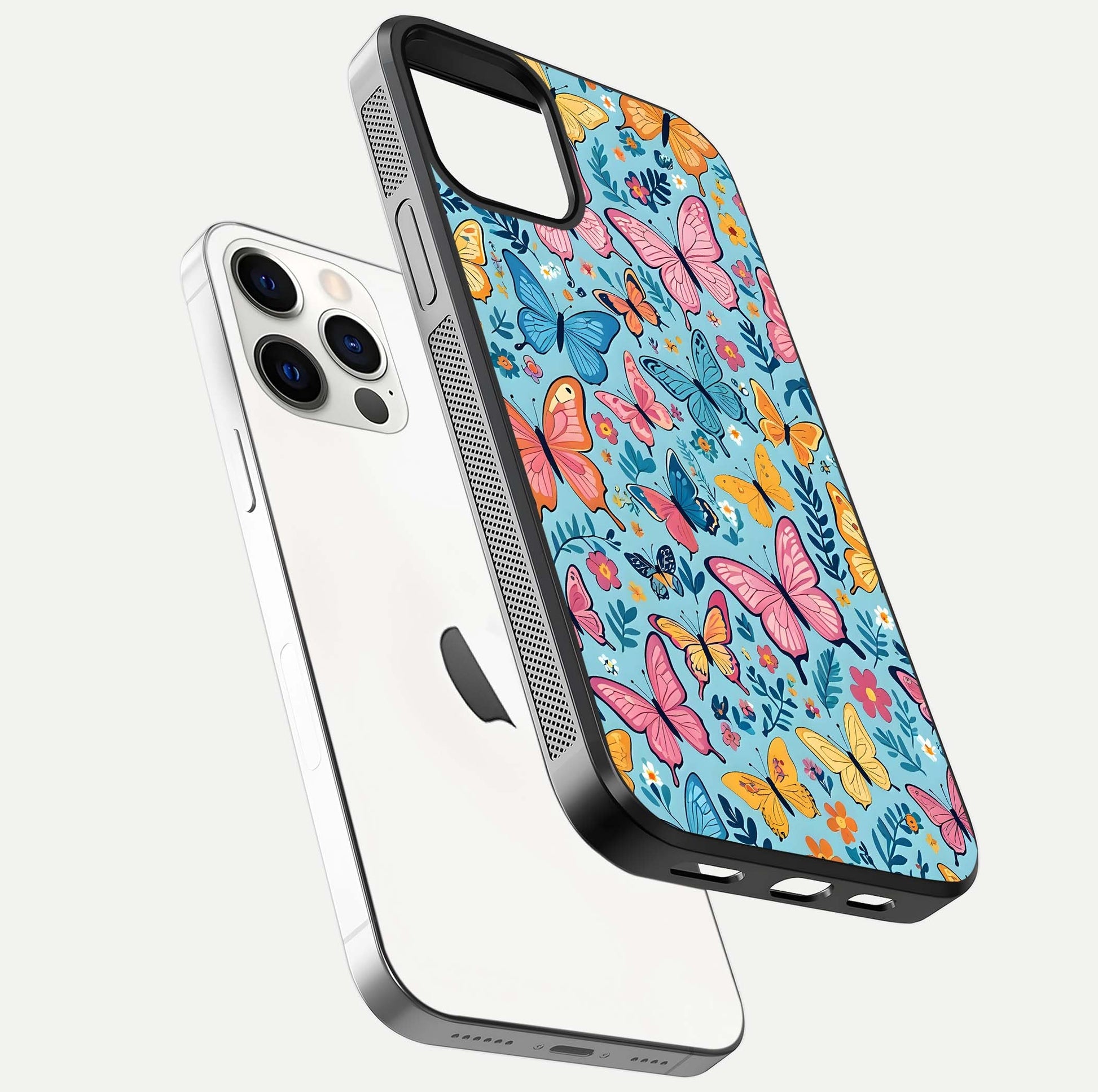 Spring Wing Garden Glass Case for iPhone 12 Pro floating dual-view mockup showing gloss texture and vivid print