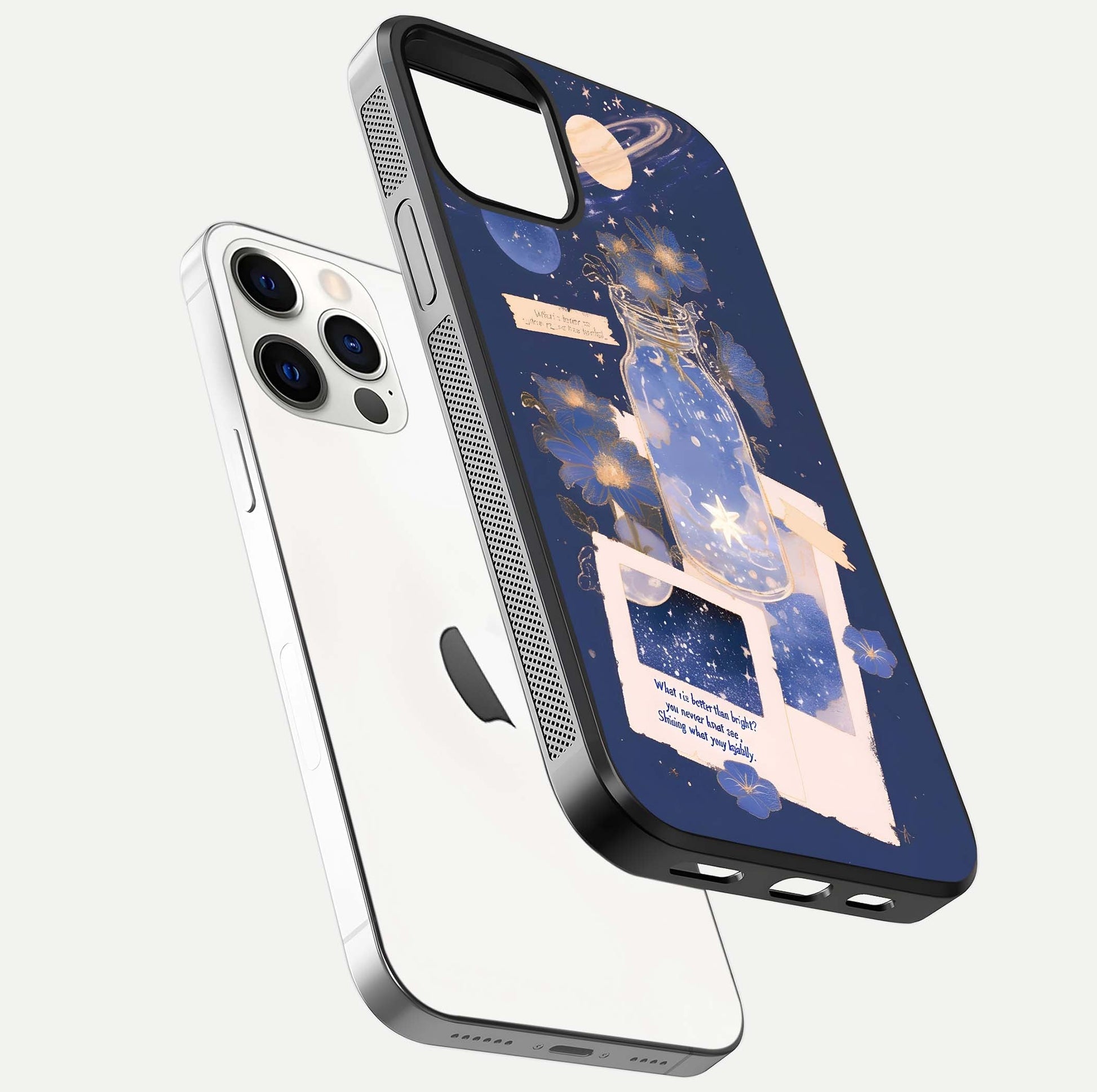 Starlit Cosmic Jar Glass Case for iPhone 12 Pro floating dual-view mockup displaying gloss and starry depth