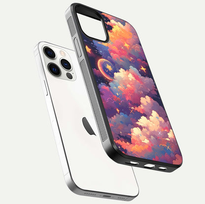 Starlit Dream Clouds Glass Case for iPhone 12 Pro floating dual-view mockup displaying gloss and soft light detail