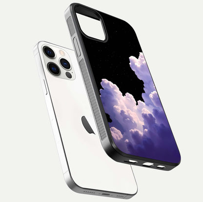 Starlit Night Whispers Glass Case for iPhone 12 Pro floating dual-view mockup displaying gloss surface and depth