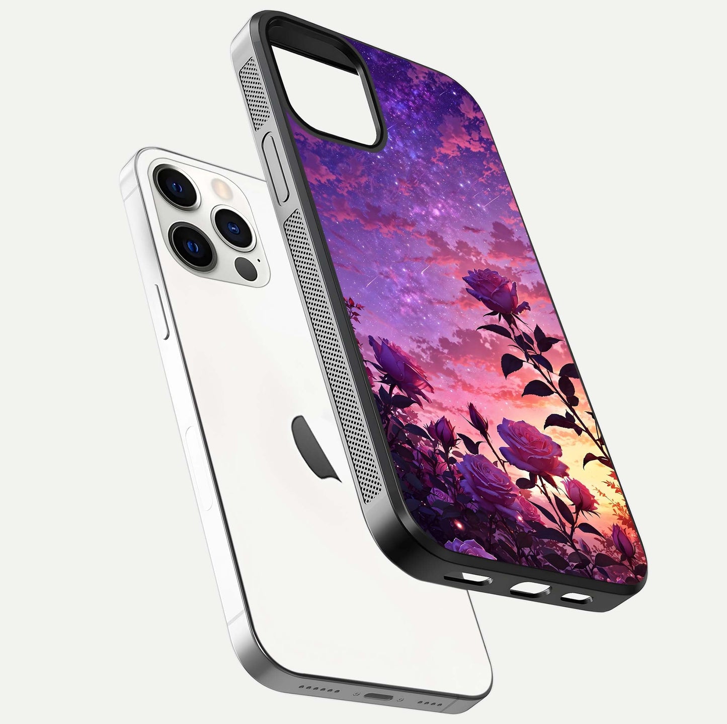 Starlit Rose Twilight Glass Case for iPhone 12 Pro floating dual-view mockup displaying gloss shine and depth