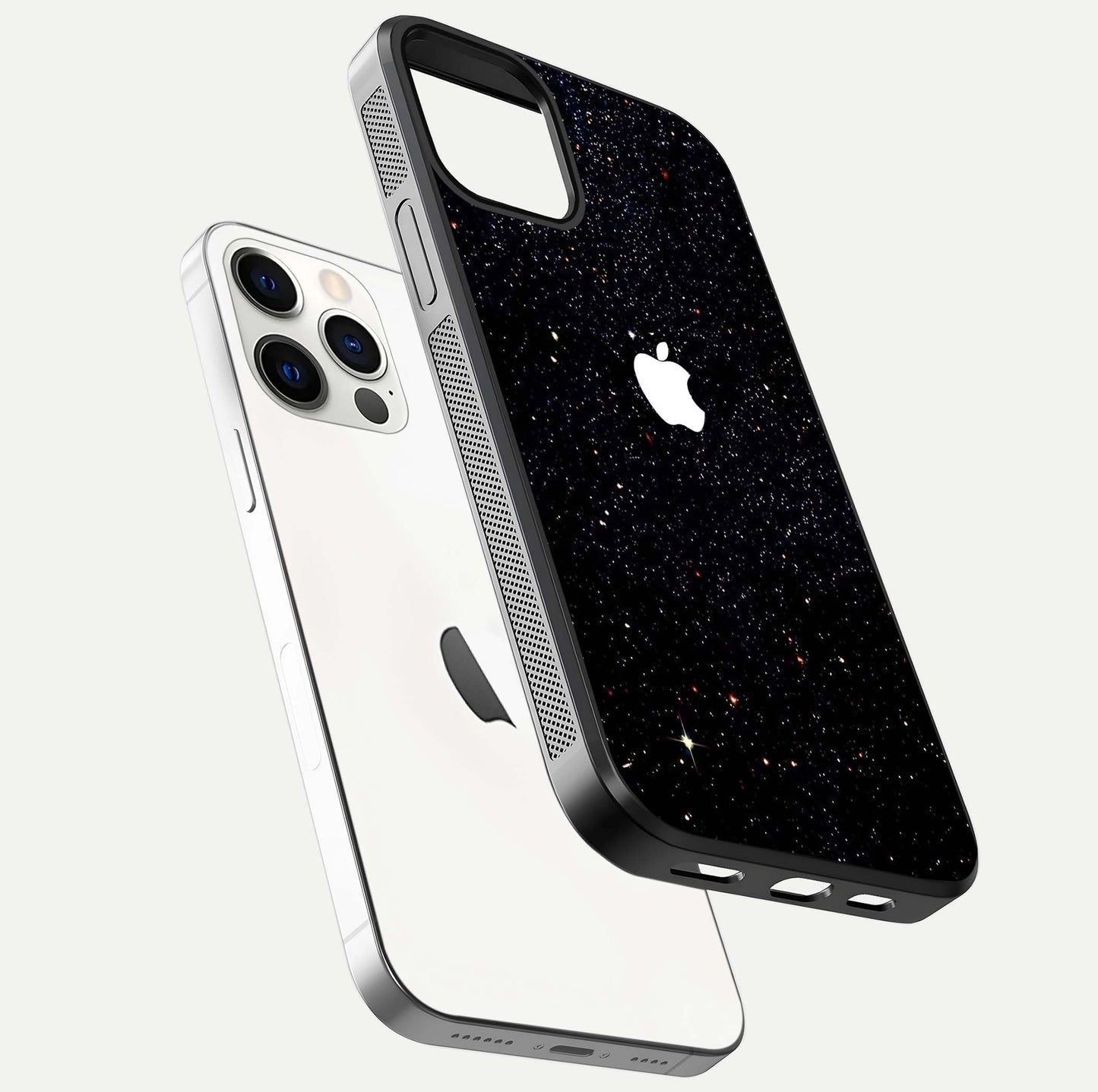 Starry Apple Galaxy Glass Case for iPhone 12 Pro floating dual-view mockup displaying reflection and shine