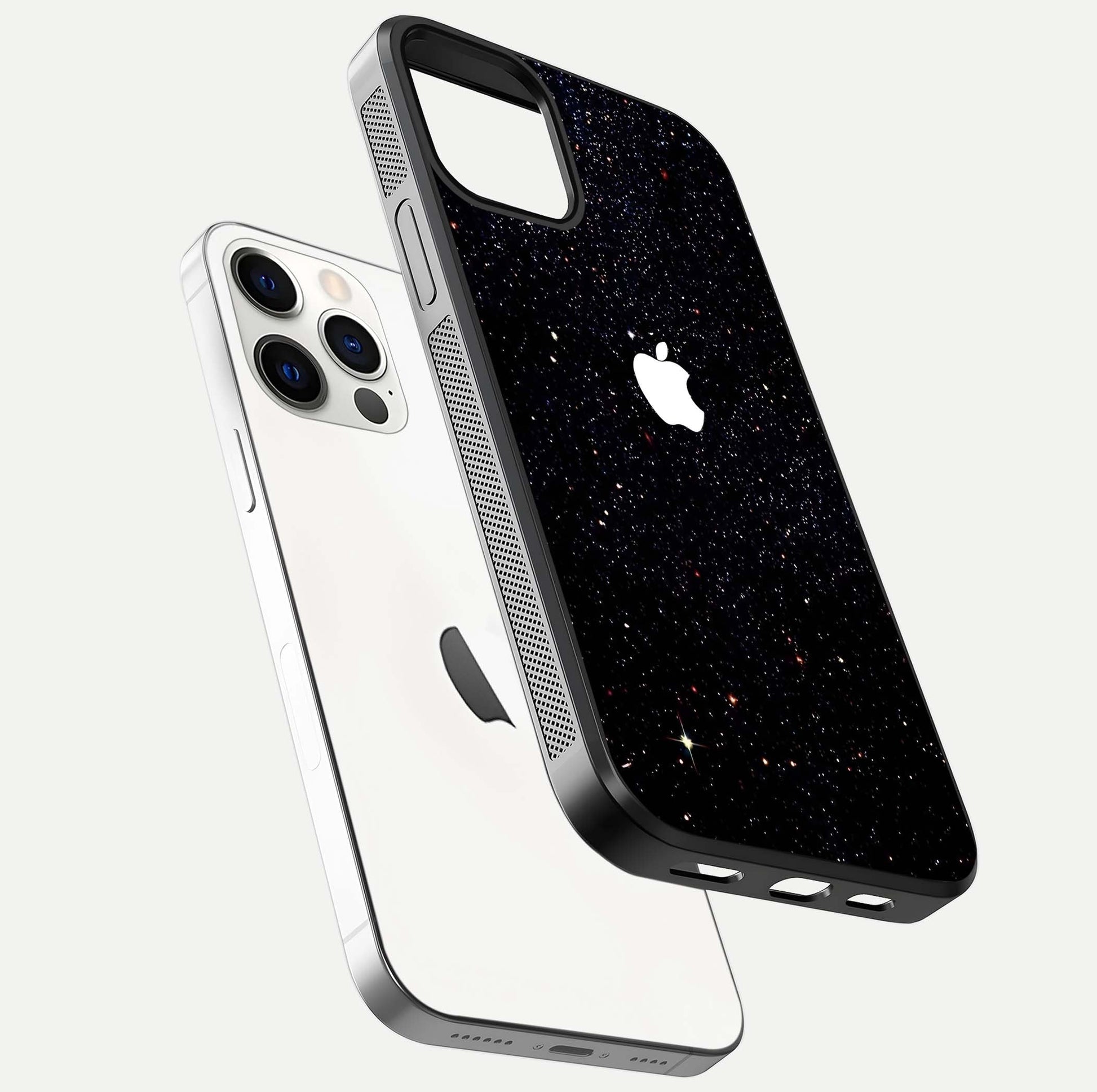 Starry Apple Galaxy Glass Case for iPhone 12 Pro floating dual-view mockup displaying reflection and shine