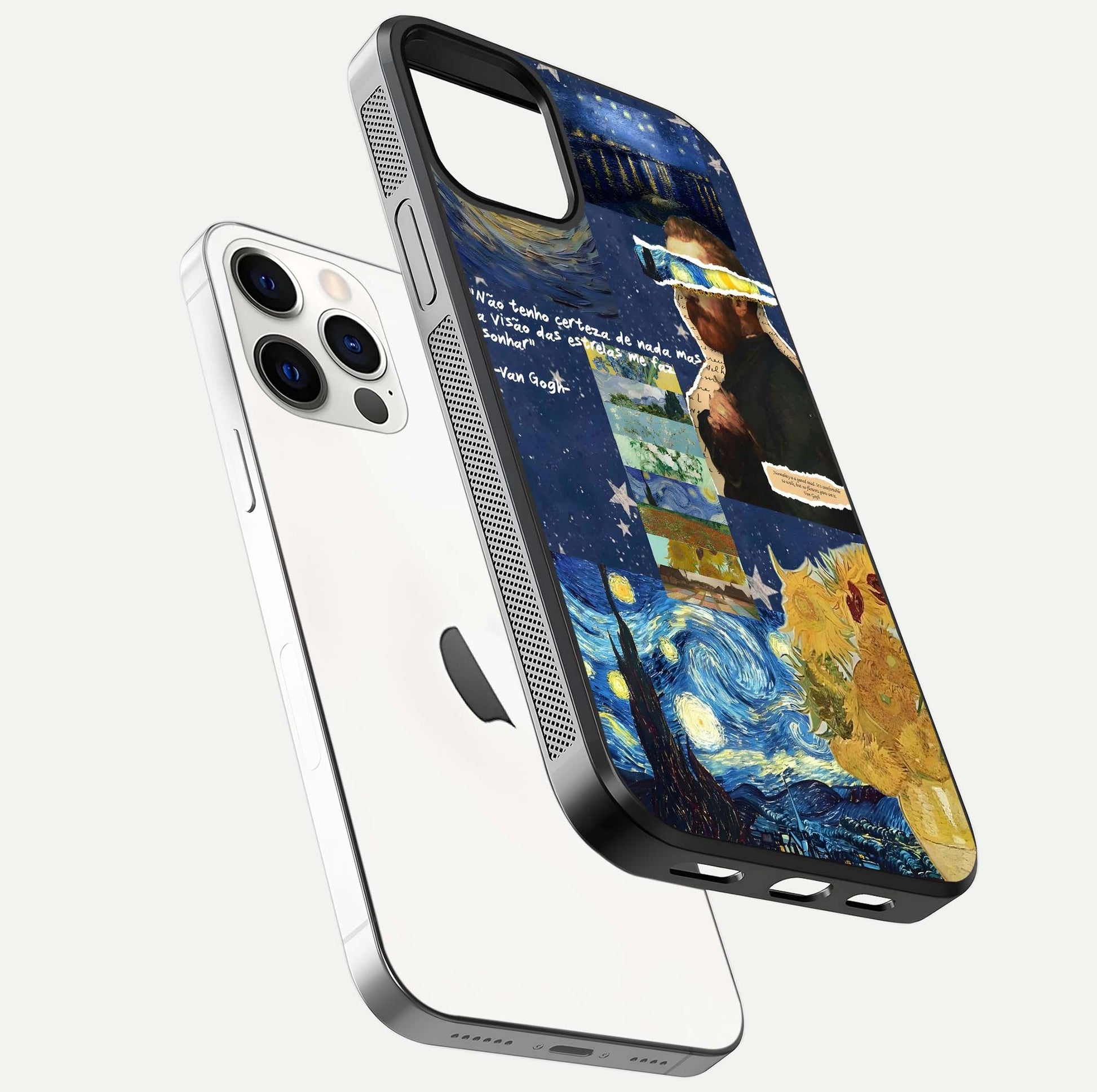 Starry Dream Vision Glass Case for iPhone 12 Pro floating dual-view mockup displaying gloss surface and clarity