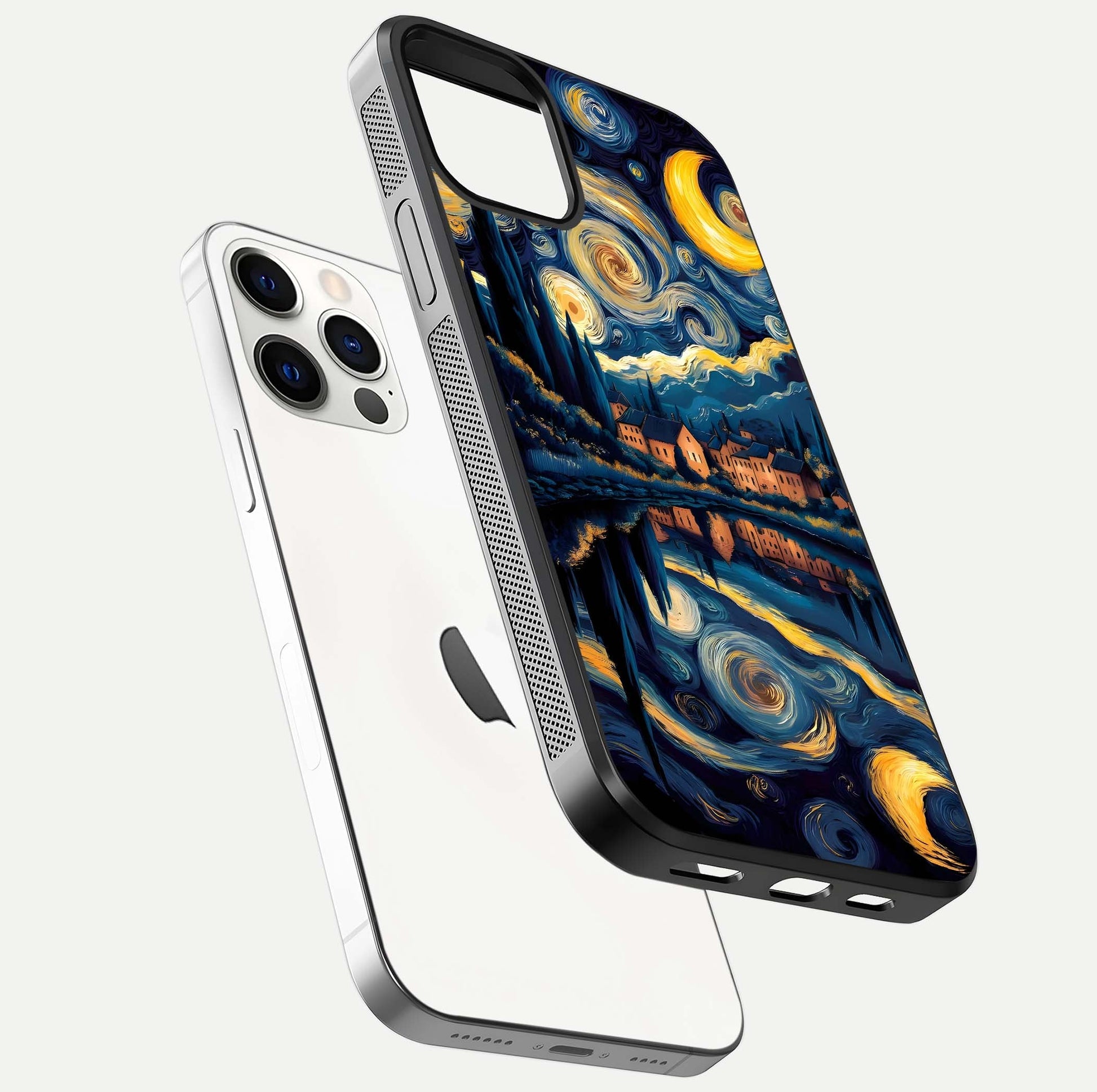 Starry Sky Serenity Glass Case for iPhone 12 Pro floating dual-view mockup displaying gloss texture and shine