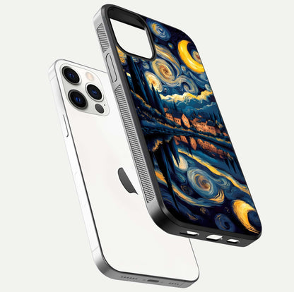 Starry Sky Serenity Glass Case for iPhone 12 Pro floating dual-view mockup displaying gloss texture and shine
