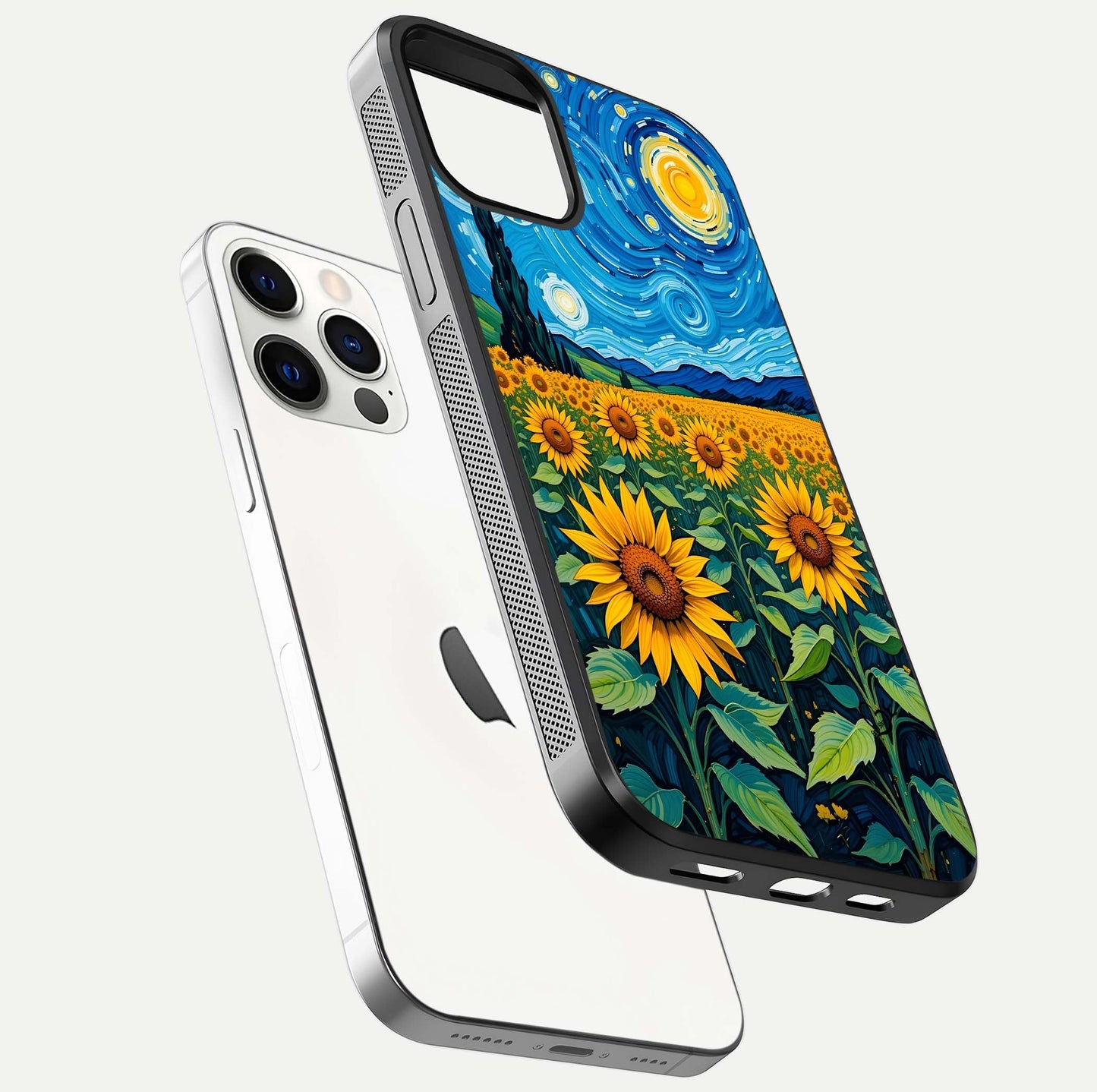 Starry Sunflower Dreams Glass Case for iPhone 12 Pro floating dual-view mockup displaying gloss and vivid print