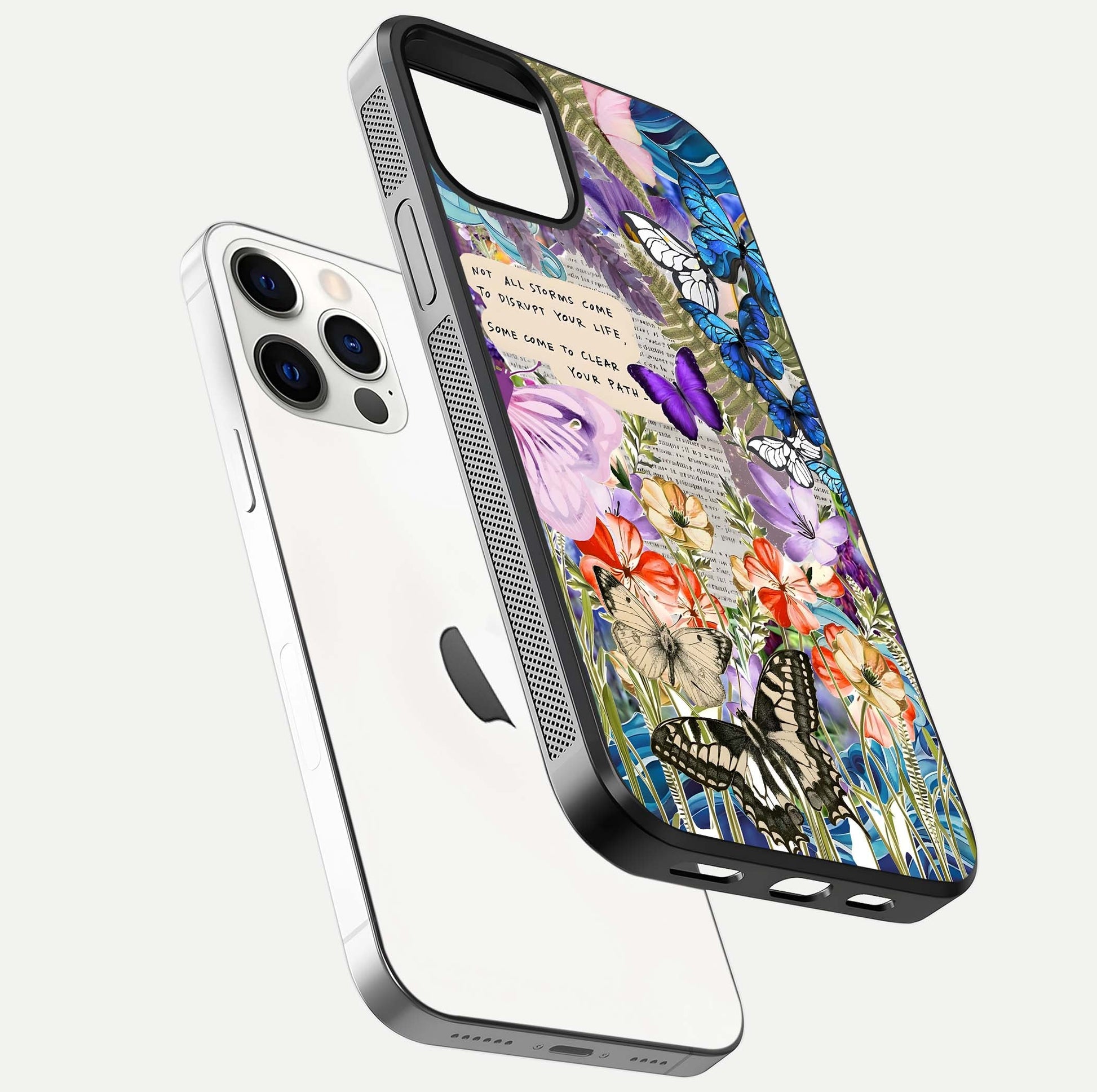 Storm Path Bloom Glass Case for iPhone 12 Pro floating dual-view mockup displaying gloss and pattern depth
