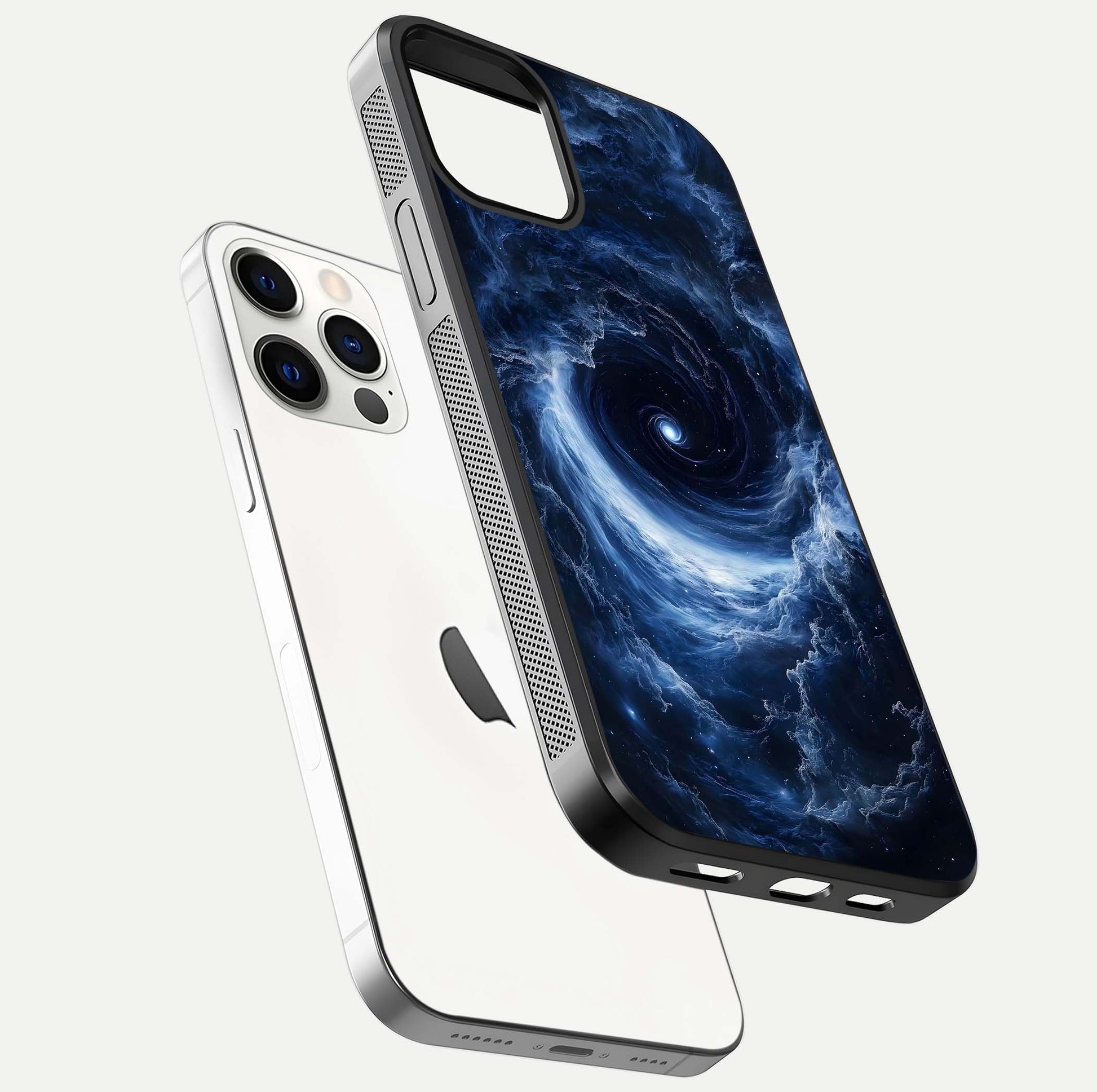 Stunning Galaxy Glass Case for iPhone 12 Pro floating dual-view mockup displaying gloss shine and vivid print depth