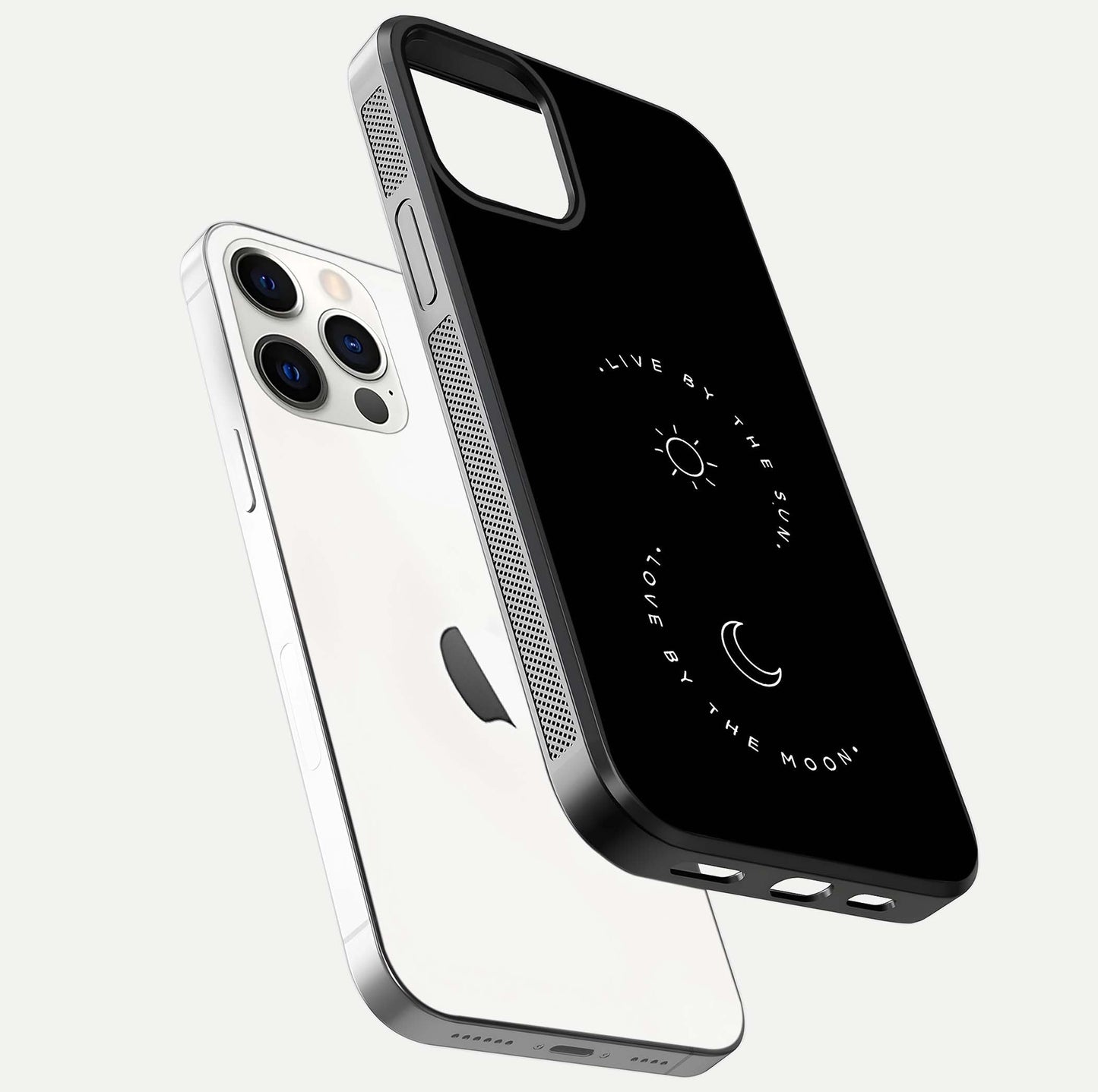 Sun Moon Balance Glass Case for iPhone 12 Pro floating dual-view mockup displaying gloss surface and edge clarity