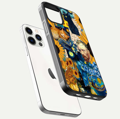 Sunflower Cat Art Glass Case for iPhone 12 Pro floating dual-view mockup displaying gloss shine and HD art print