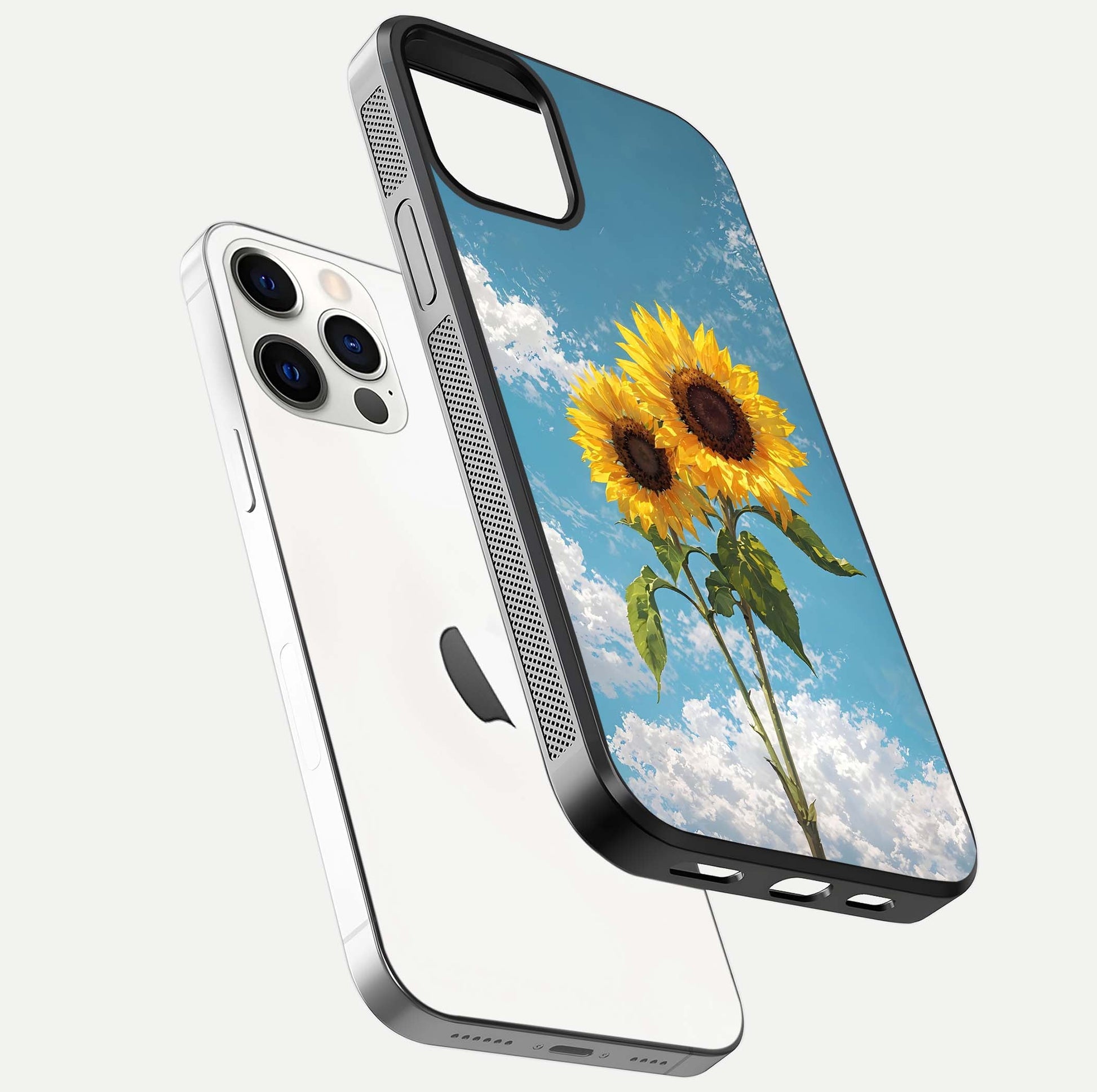Sunflower Sky Bloom Glass Case for iPhone 12 Pro floating dual-view mockup displaying gloss shine and vibrant texture