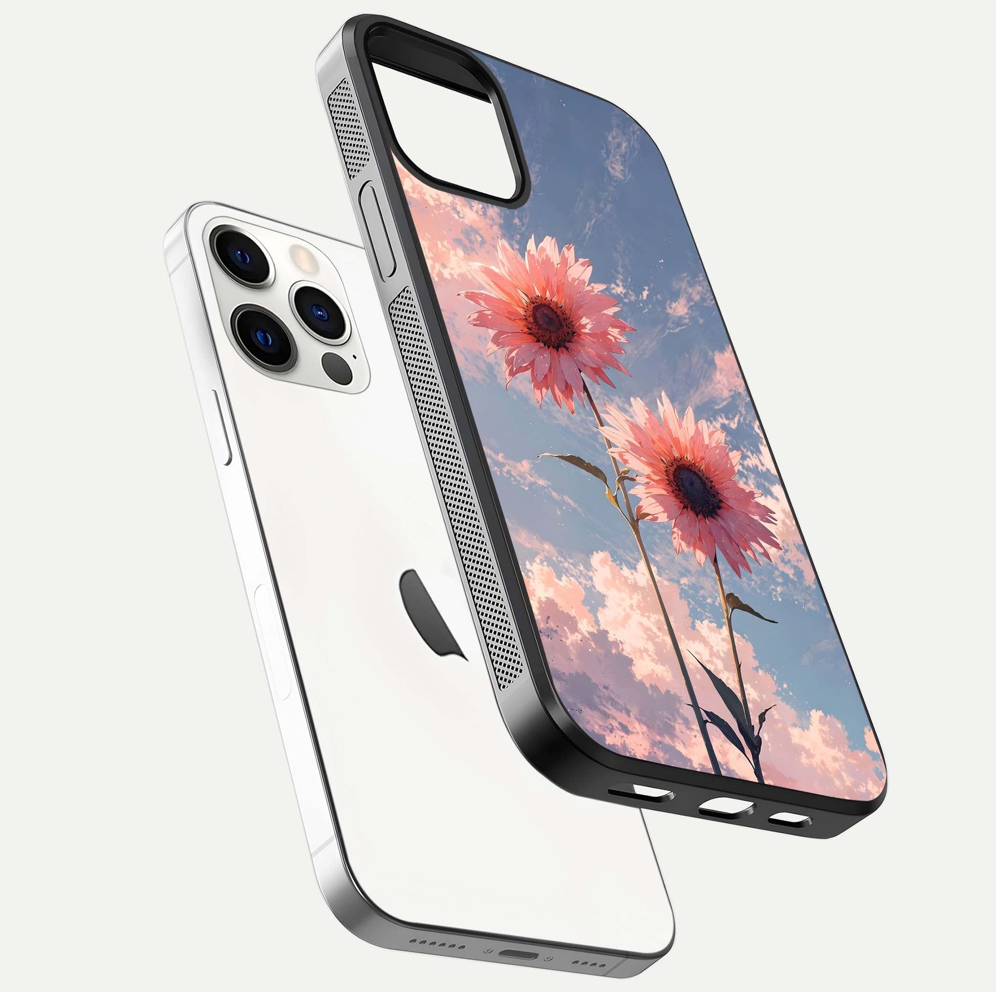 Sunlit Daisy Glow Glass Case for iPhone 12 Pro floating dual-view mockup displaying gloss finish and HD print