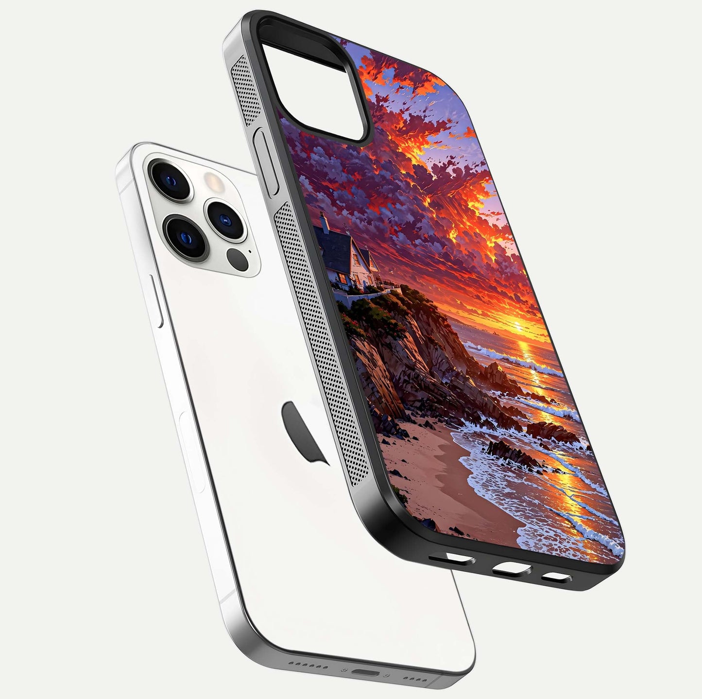 Sunset House by Sea Glass Case for iPhone 12 Pro floating dual-view mockup displaying gloss shine and depth