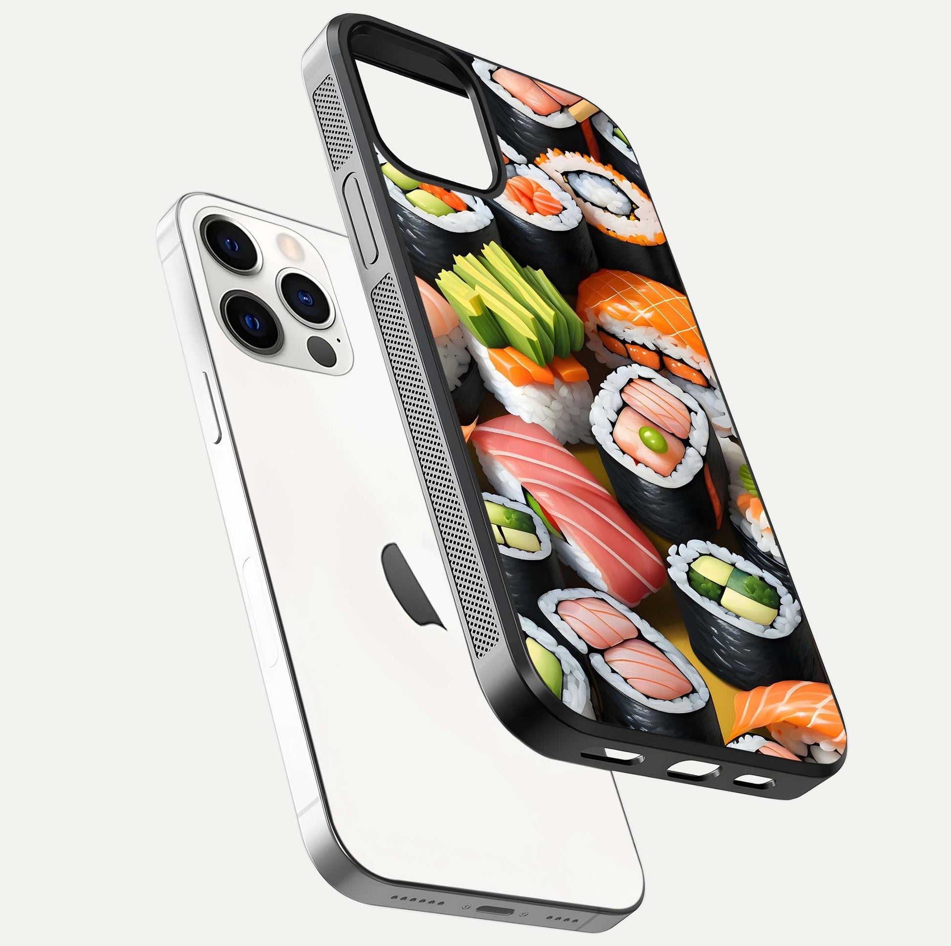 Sushi Food Pattern Glass Case for iPhone 12 Pro floating dual-view mockup displaying gloss and HD pattern