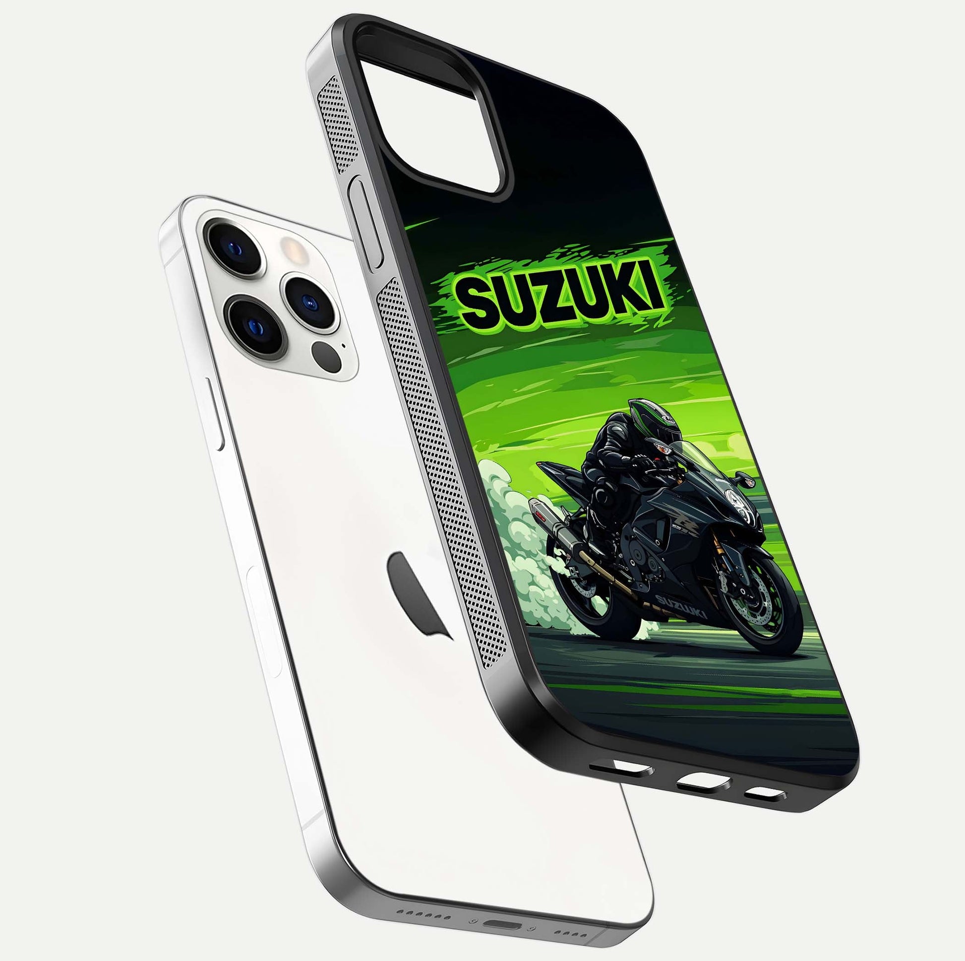 Suzuki Speed Beast Glass Case for iPhone 12 Pro floating dual-view mockup displaying gloss texture and shine
