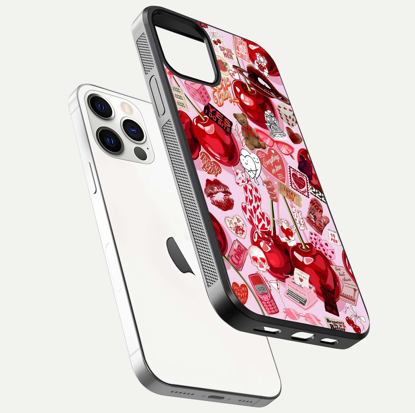 Sweet Cherry Chaos Glass Case for iPhone 12 Pro floating dual-view mockup displaying gloss surface and depth