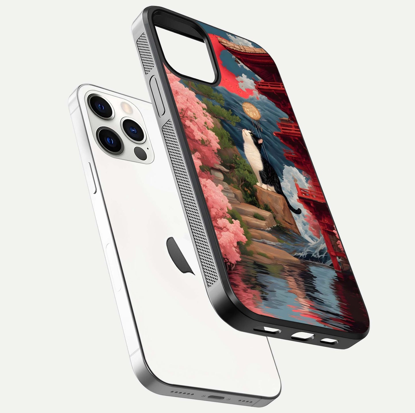 Temple Cat Scenery Glass Case for iPhone 12 Pro floating dual-view mockup displaying gloss and depth detail