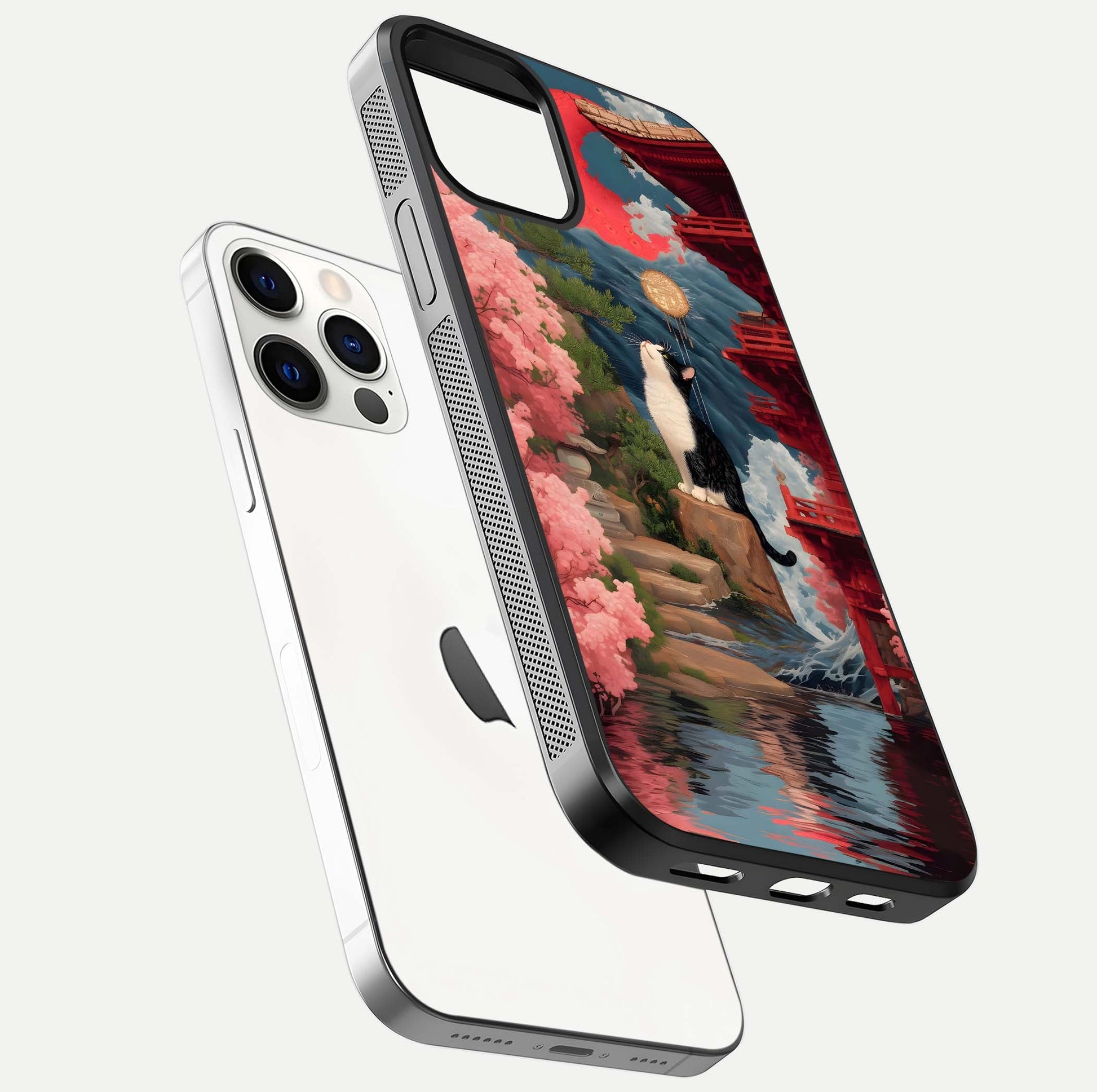 Temple Cat Scenery Glass Case for iPhone 12 Pro floating dual-view mockup displaying gloss and depth detail