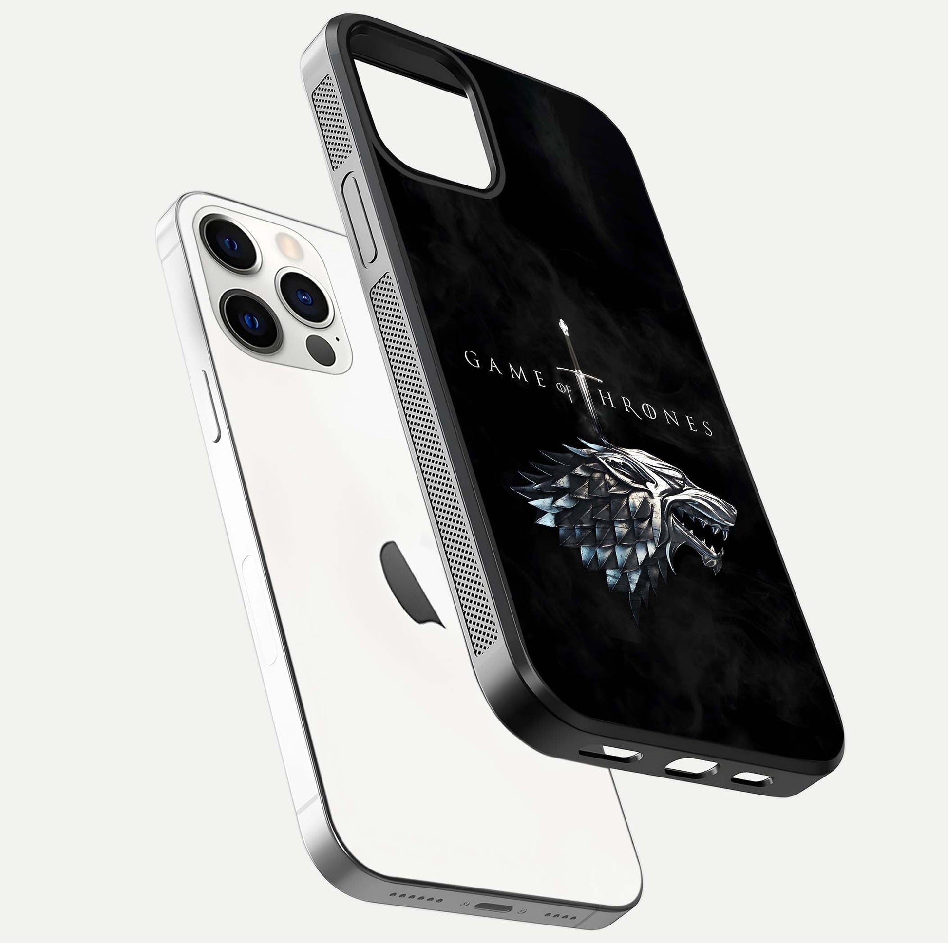 Throne Wolf Legacy Glass Case for iPhone 12 Pro floating dual-view mockup displaying gloss depth and wolf artwork