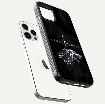 Throne Wolf Legacy Glass Case for iPhone 12 Pro floating dual-view mockup displaying gloss depth and wolf artwork